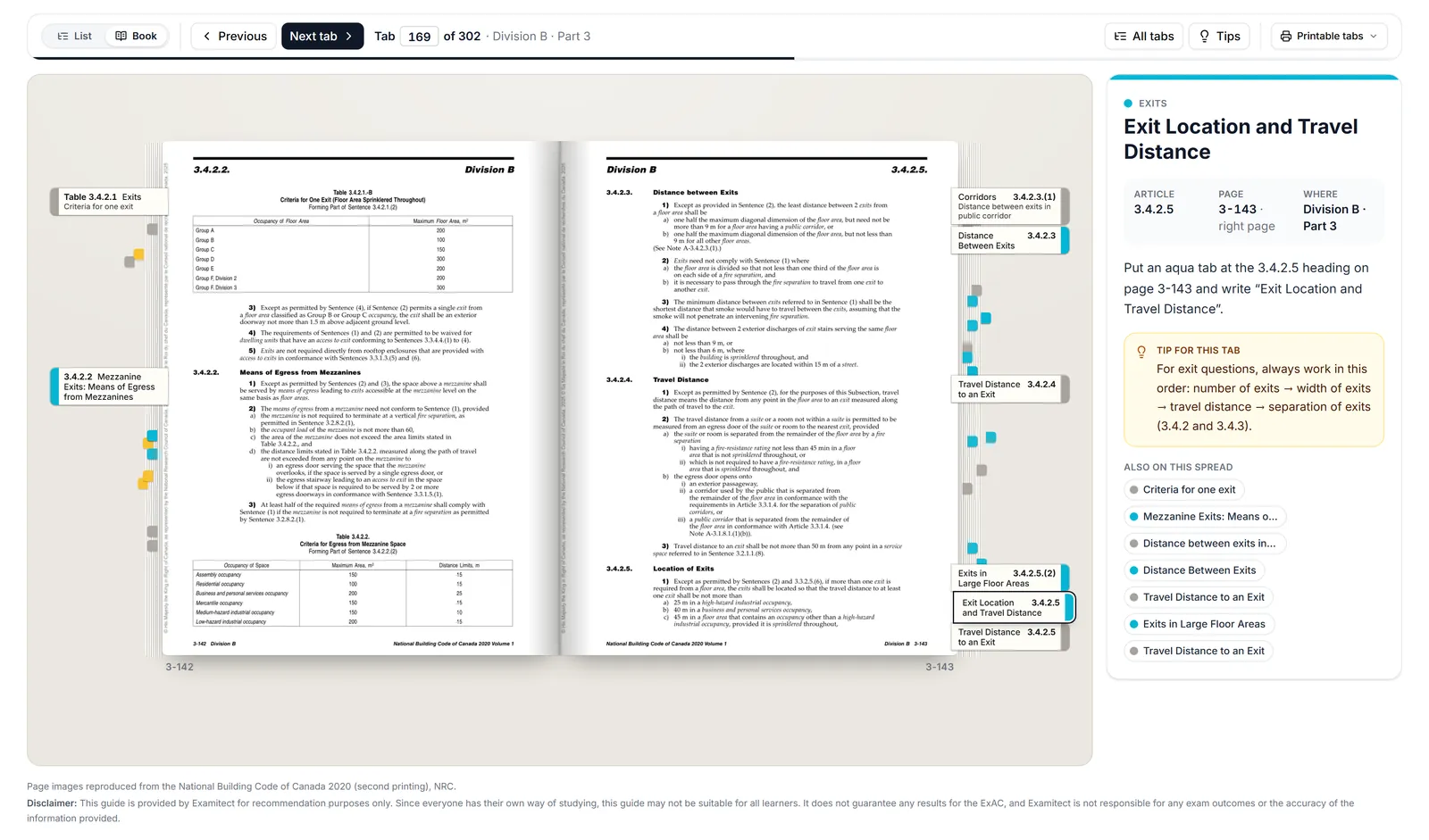 Examitect book mode on tab 169 of 302: NBC 2020 pages 3-142 and 3-143 with an aqua flag at Article 3.4.2.5, Exit Location and Travel Distance, among the other exit flags on that page, and a card giving the article, page and what to write on the tab