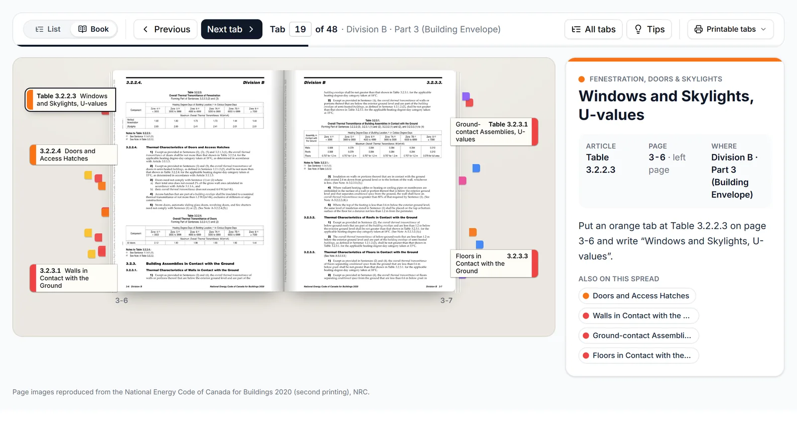 Examitect book mode on tab 19 of 48: NECB 2020 pages 3-6 and 3-7 with an orange flag at Table 3.2.2.3, Windows and Skylights U-values, four more envelope flags on the same spread, and a card giving the article, page and what to write on the tab